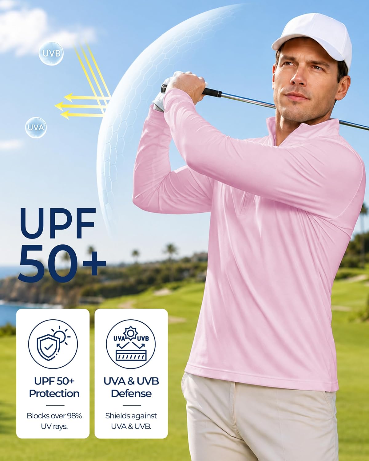 Men's UPF 50+ Quarter Zip Sun Protection Long Sleeve Golf Shirt