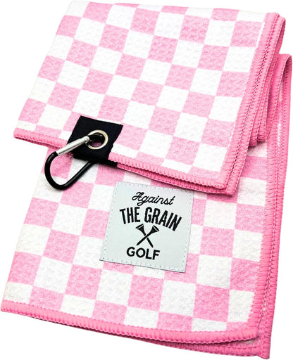 Microfiber Pink Golf Towel for Golf Bags Women with Clip - (12"x20") Blue & White Checkered Design Golf Club Towel, Womens Golf Towel, Golf Gifts for Women, Pink Golf Accessories