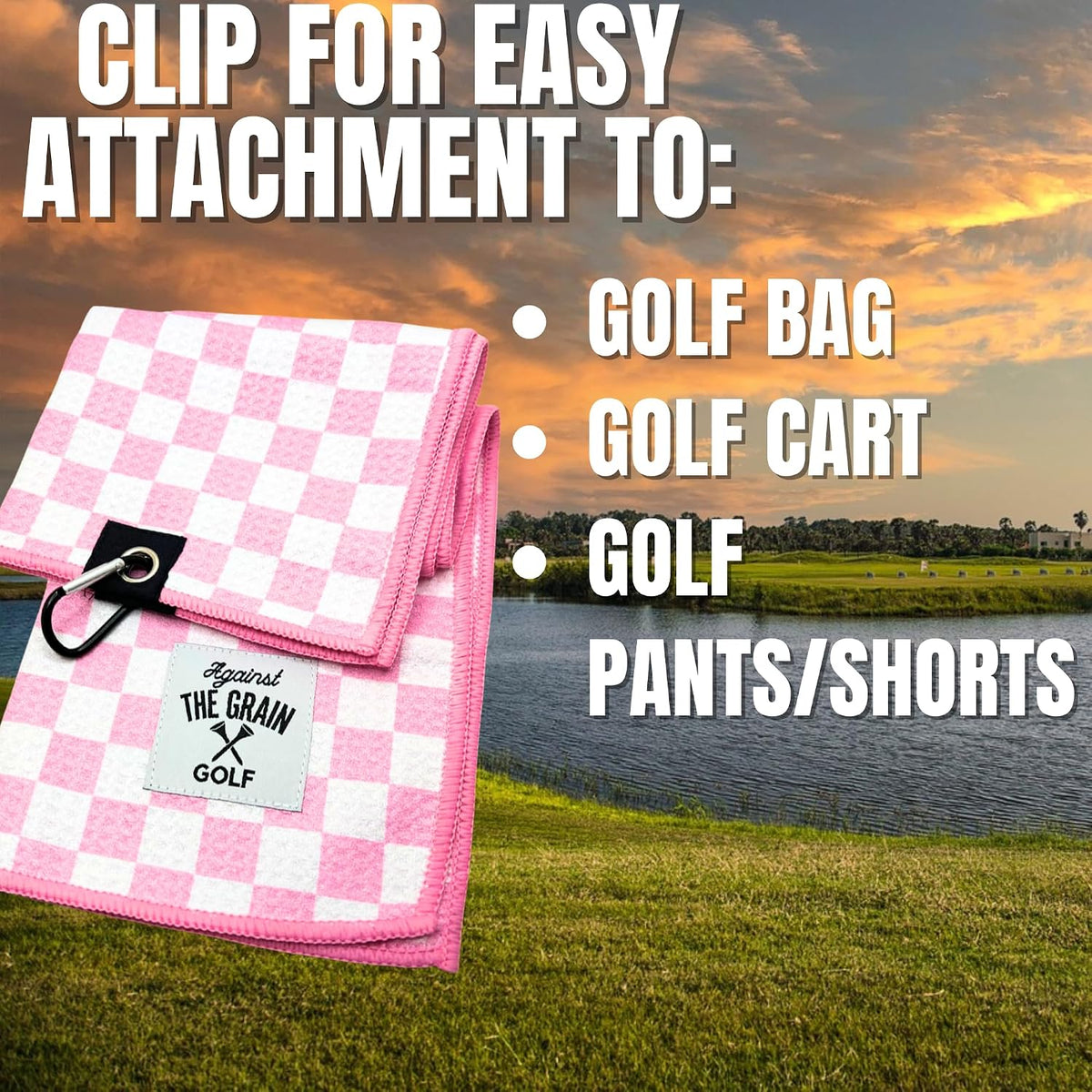 Microfiber Pink Golf Towel for Golf Bags Women with Clip - (12"x20") Blue & White Checkered Design Golf Club Towel, Womens Golf Towel, Golf Gifts for Women, Pink Golf Accessories