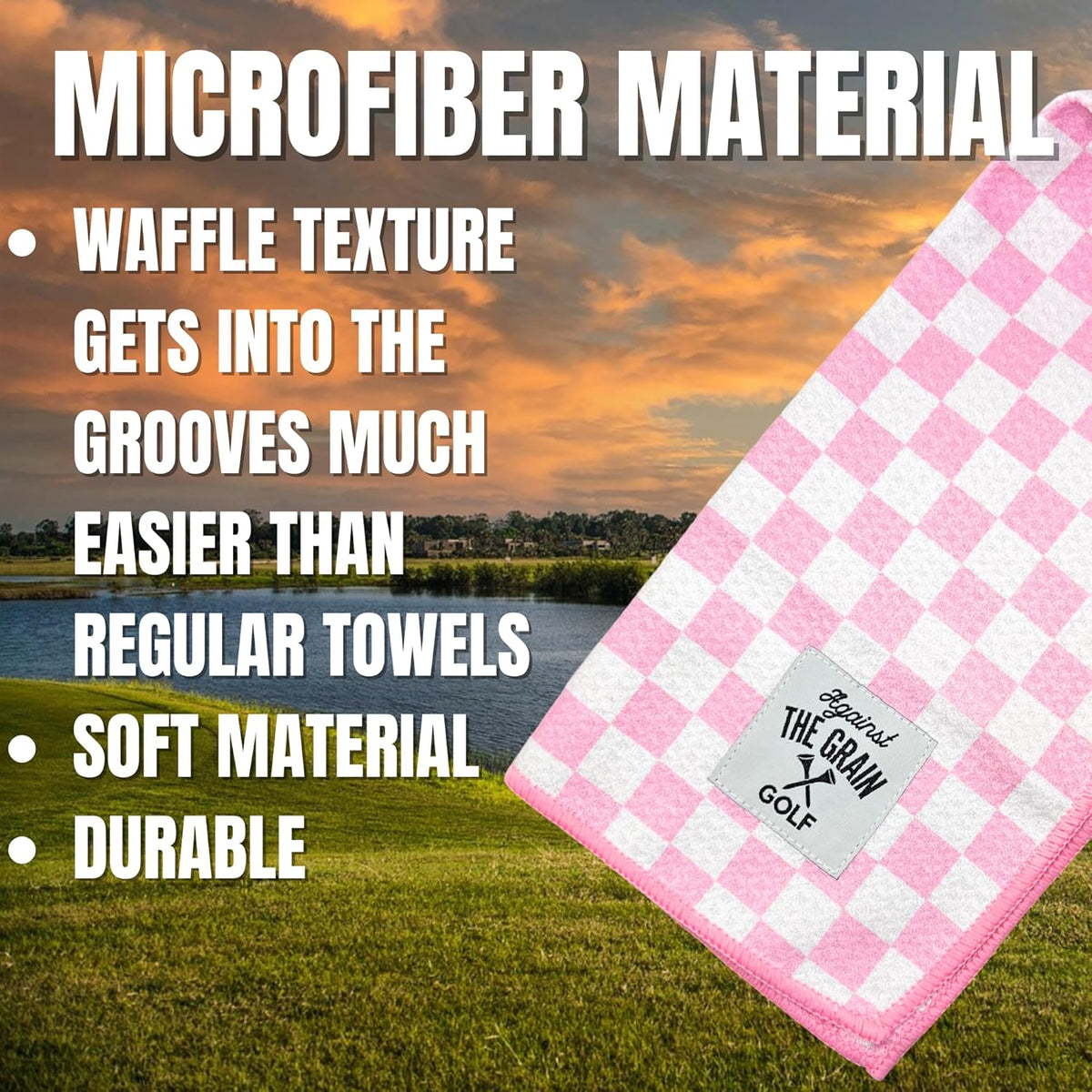 Microfiber Pink Golf Towel for Golf Bags Women with Clip - (12"x20") Blue & White Checkered Design Golf Club Towel, Womens Golf Towel, Golf Gifts for Women, Pink Golf Accessories