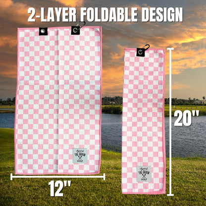 Microfiber Pink Golf Towel for Golf Bags Women with Clip - (12"x20") Blue & White Checkered Design Golf Club Towel, Womens Golf Towel, Golf Gifts for Women, Pink Golf Accessories