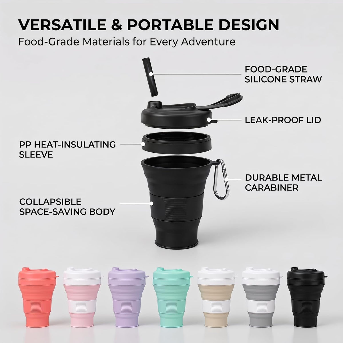 Silicone Coffee Cup with Straw lid Collapsible Cups for Traveling 20oz Lightweight Folding Water Mug for Picnic Hicking Camping Climbing