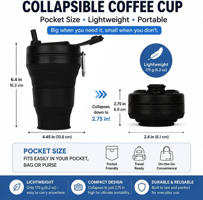 Silicone Coffee Cup with Straw lid Collapsible Cups for Traveling 20oz Lightweight Folding Water Mug for Picnic Hicking Camping Climbing