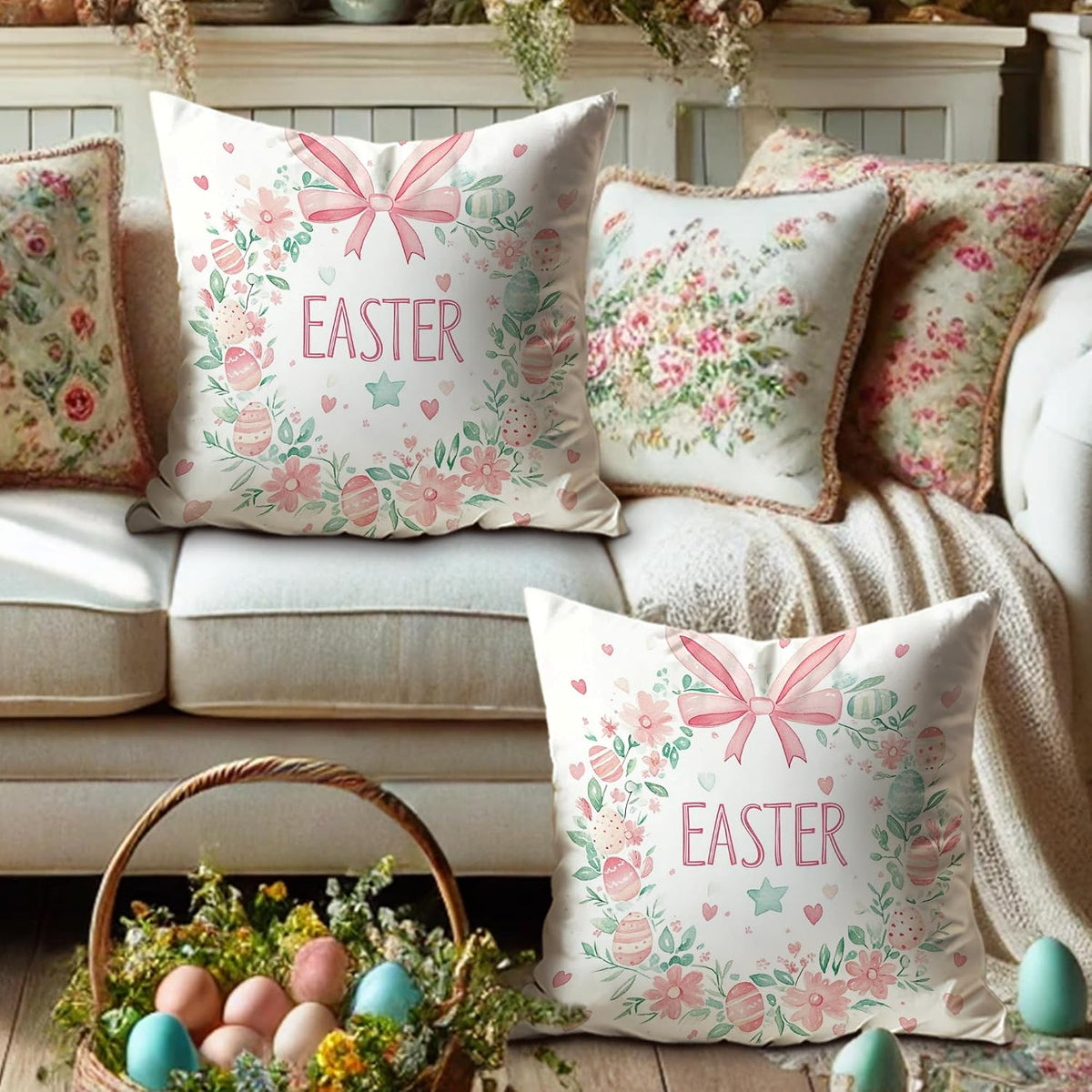 Easter Pillow Covers Set of 2, Pastel Peach Floral Wreath Decorative Throw Cushion Covers, Spring Festival Home Sofa Bed Decor, Cute Egg and Bow Design 20x20 Inch