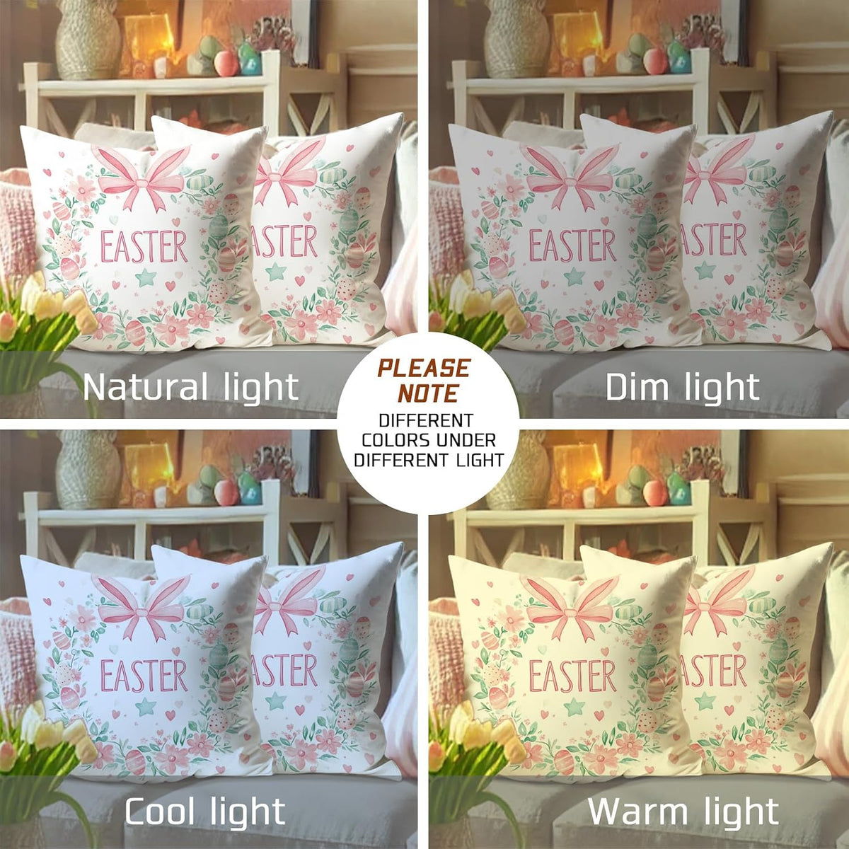 Easter Pillow Covers Set of 2, Pastel Peach Floral Wreath Decorative Throw Cushion Covers, Spring Festival Home Sofa Bed Decor, Cute Egg and Bow Design 20x20 Inch