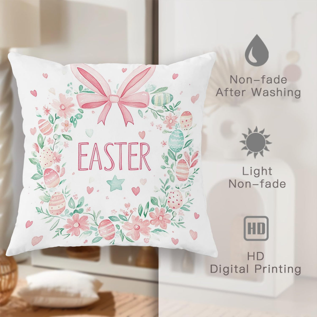 Easter Pillow Covers Set of 2, Pastel Peach Floral Wreath Decorative Throw Cushion Covers, Spring Festival Home Sofa Bed Decor, Cute Egg and Bow Design 20x20 Inch