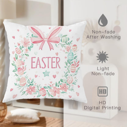 Easter Pillow Covers Set of 2, Pastel Peach Floral Wreath Decorative Throw Cushion Covers, Spring Festival Home Sofa Bed Decor, Cute Egg and Bow Design 20x20 Inch