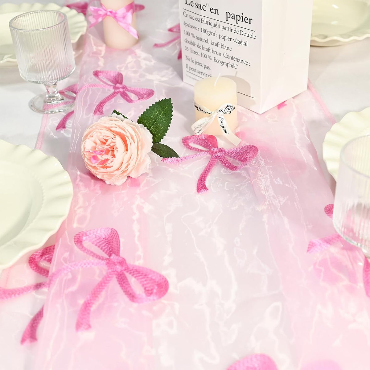 Valentines Day Decor Table Runner Bow Tulle Embroidery Pink 10 ft Coquette Pink Cheesecloth Table Runner 120 Inch Gauze Boho Dining Decor for Valentine‘s Christmas Baby Shower Birthday Wedding Decor