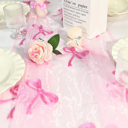 Valentines Day Decor Table Runner Bow Tulle Embroidery Pink 10 ft Coquette Pink Cheesecloth Table Runner 120 Inch Gauze Boho Dining Decor for Valentine‘s Christmas Baby Shower Birthday Wedding Decor