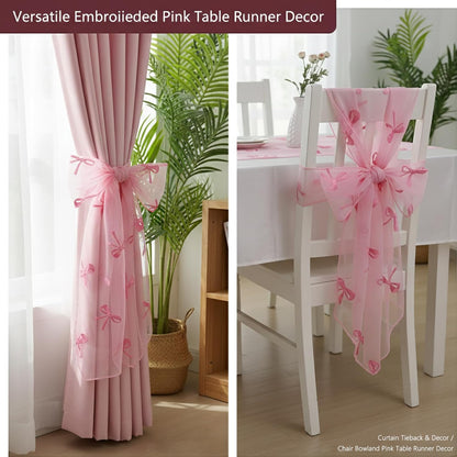 Valentines Day Decor Table Runner Bow Tulle Embroidery Pink 10 ft Coquette Pink Cheesecloth Table Runner 120 Inch Gauze Boho Dining Decor for Valentine‘s Christmas Baby Shower Birthday Wedding Decor