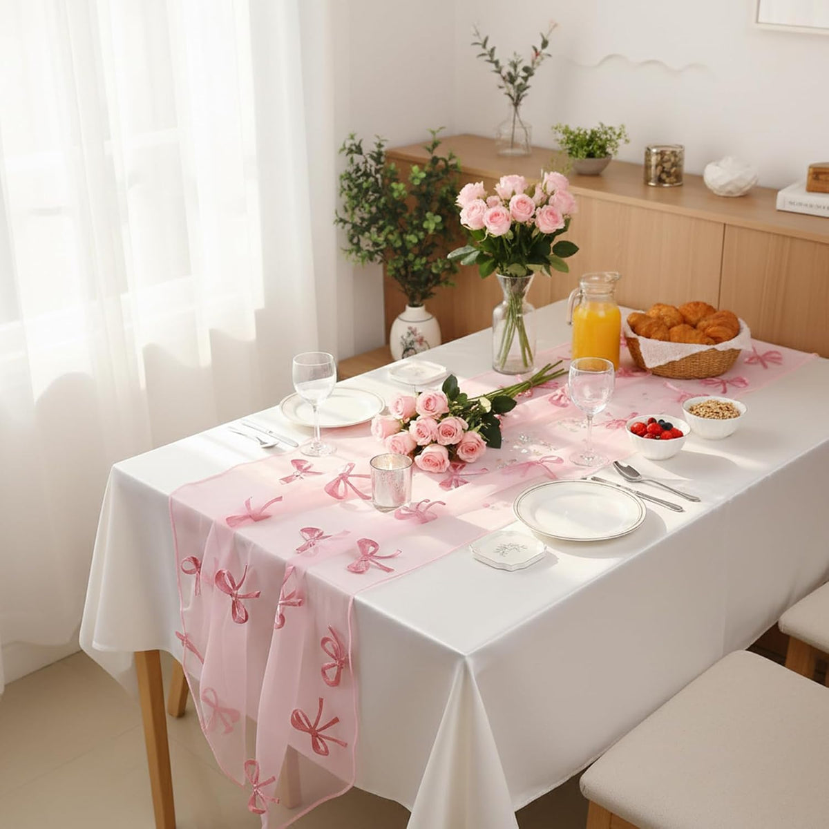 Valentines Day Decor Table Runner Bow Tulle Embroidery Pink 10 ft Coquette Pink Cheesecloth Table Runner 120 Inch Gauze Boho Dining Decor for Valentine‘s Christmas Baby Shower Birthday Wedding Decor