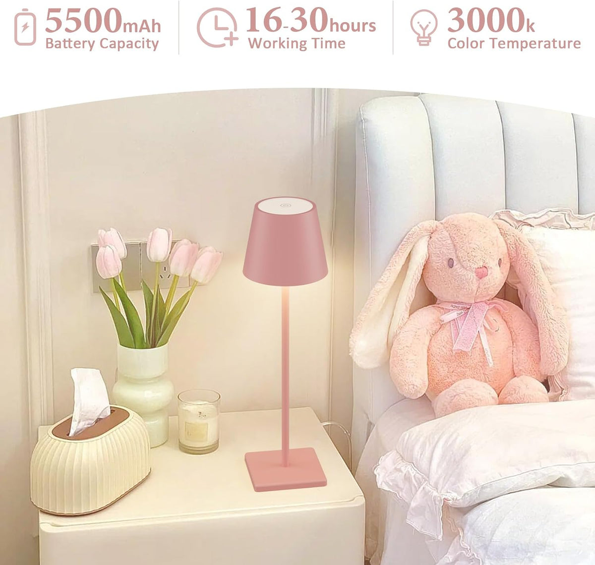 Pink Cordless Table Lamp, 5000mAh Portable LED Rechargeable Lamp