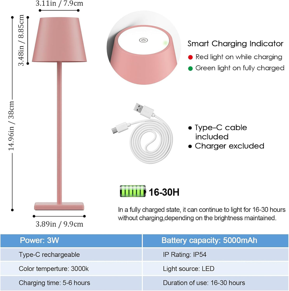 Pink Cordless Table Lamp, 5000mAh Portable LED Rechargeable Lamp