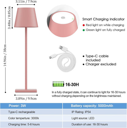 Pink Cordless Table Lamp, 5000mAh Portable LED Rechargeable Lamp
