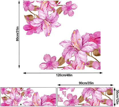 Giant Pink Flowers Wall Decals Lily Floral Wall Stickers DIY Removable Large Peach Blossom Brown Leaf Wall Art Decor for Kids Girls Bedroom Living Room Nursery Playroom Office Decoration DT-129