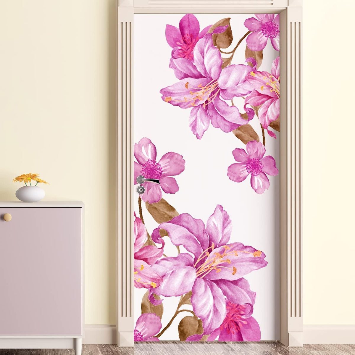 Giant Pink Flowers Wall Decals Lily Floral Wall Stickers DIY Removable Large Peach Blossom Brown Leaf Wall Art Decor for Kids Girls Bedroom Living Room Nursery Playroom Office Decoration DT-129