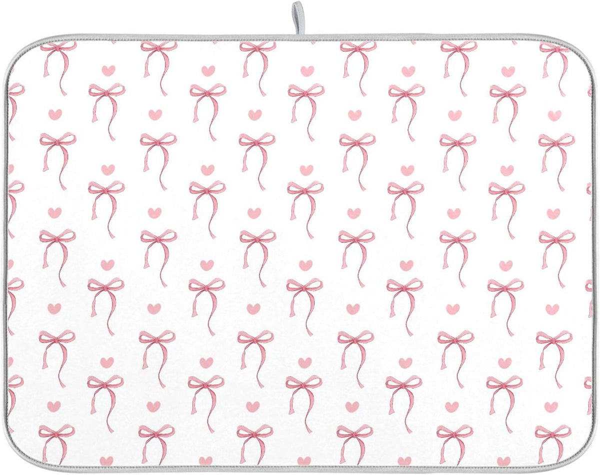 Pink Ribbon Bow Dish Drying Mat Quick Absorbent 16x18 Cute Bow Tie White Kitchen Drying Mat for Countertop Sink Reusable Dishes Mats Kitchen Essentials