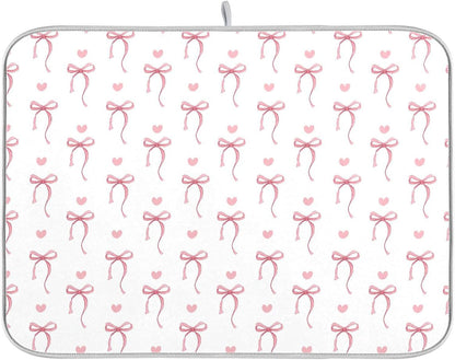 Pink Ribbon Bow Dish Drying Mat Quick Absorbent 16x18 Cute Bow Tie White Kitchen Drying Mat for Countertop Sink Reusable Dishes Mats Kitchen Essentials