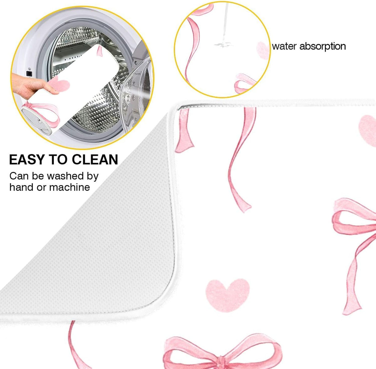 Pink Ribbon Bow Dish Drying Mat Quick Absorbent 16x18 Cute Bow Tie White Kitchen Drying Mat for Countertop Sink Reusable Dishes Mats Kitchen Essentials