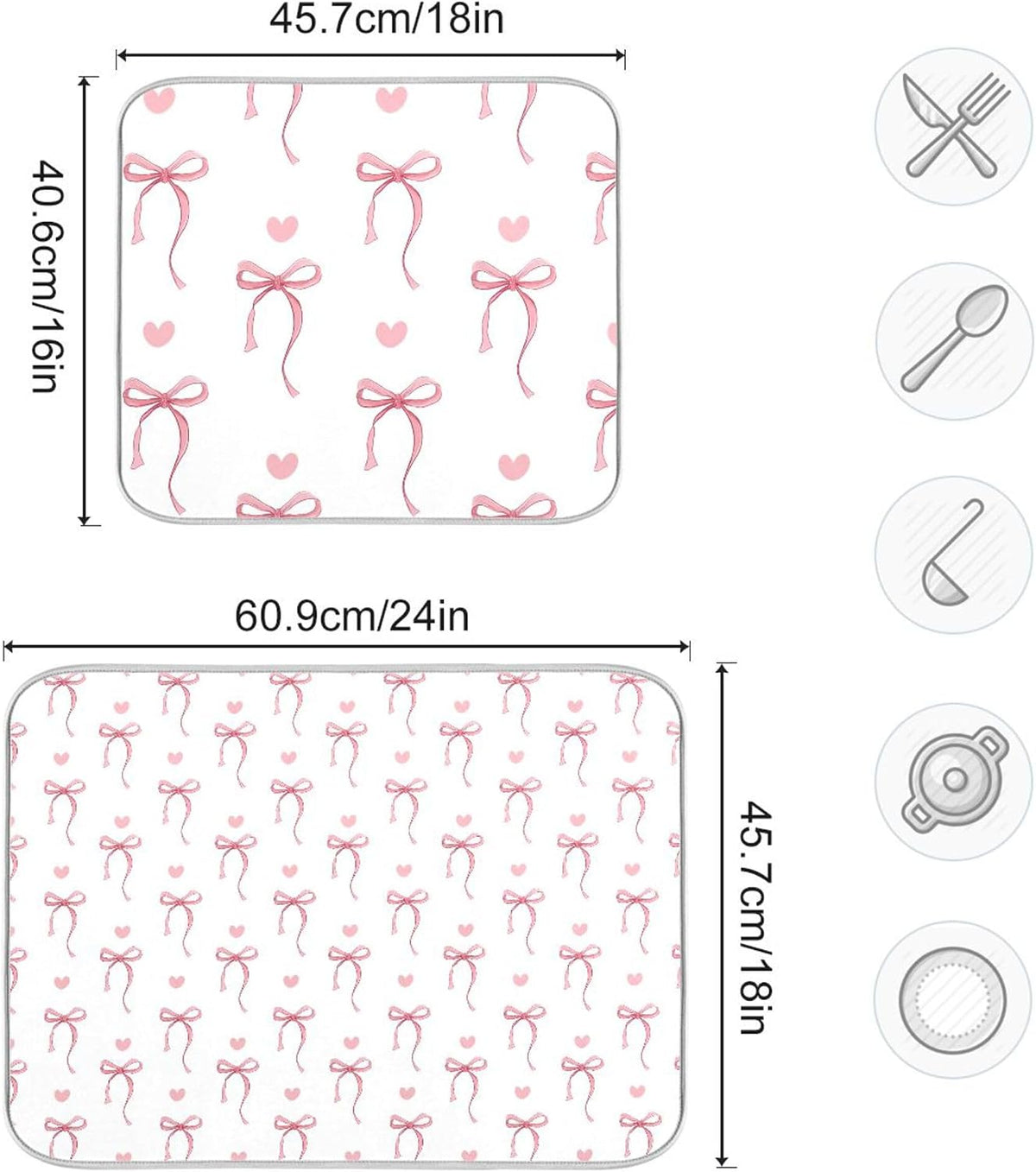 Pink Ribbon Bow Dish Drying Mat Quick Absorbent 16x18 Cute Bow Tie White Kitchen Drying Mat for Countertop Sink Reusable Dishes Mats Kitchen Essentials