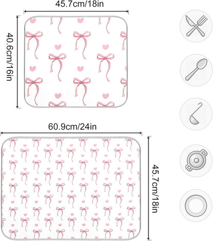 Pink Ribbon Bow Dish Drying Mat Quick Absorbent 16x18 Cute Bow Tie White Kitchen Drying Mat for Countertop Sink Reusable Dishes Mats Kitchen Essentials