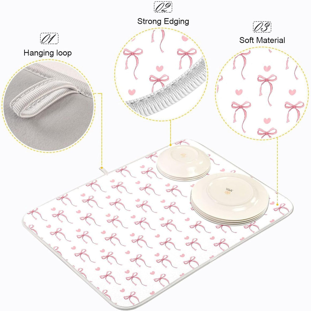 Pink Ribbon Bow Dish Drying Mat Quick Absorbent 16x18 Cute Bow Tie White Kitchen Drying Mat for Countertop Sink Reusable Dishes Mats Kitchen Essentials