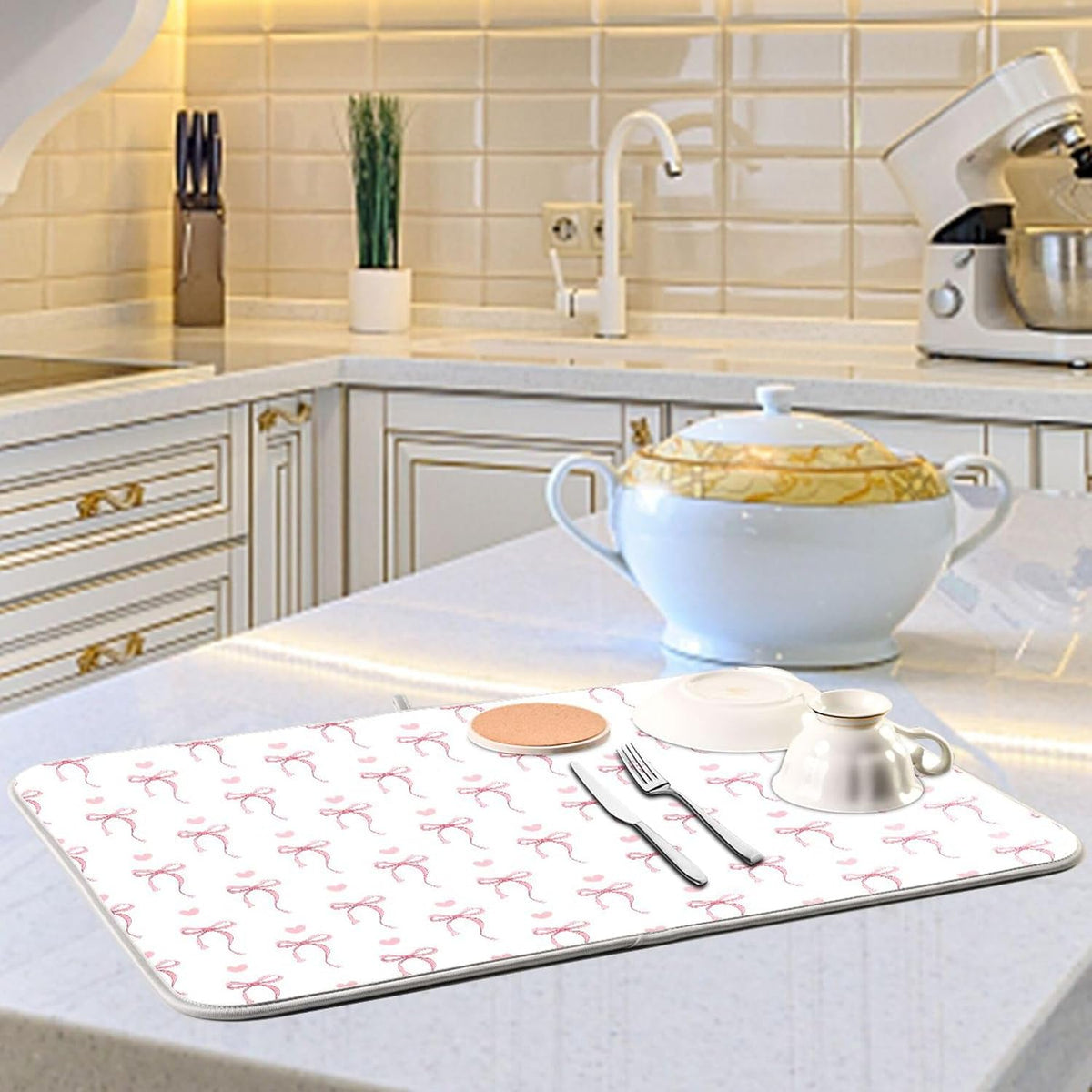 Pink Ribbon Bow Dish Drying Mat Quick Absorbent 16x18 Cute Bow Tie White Kitchen Drying Mat for Countertop Sink Reusable Dishes Mats Kitchen Essentials