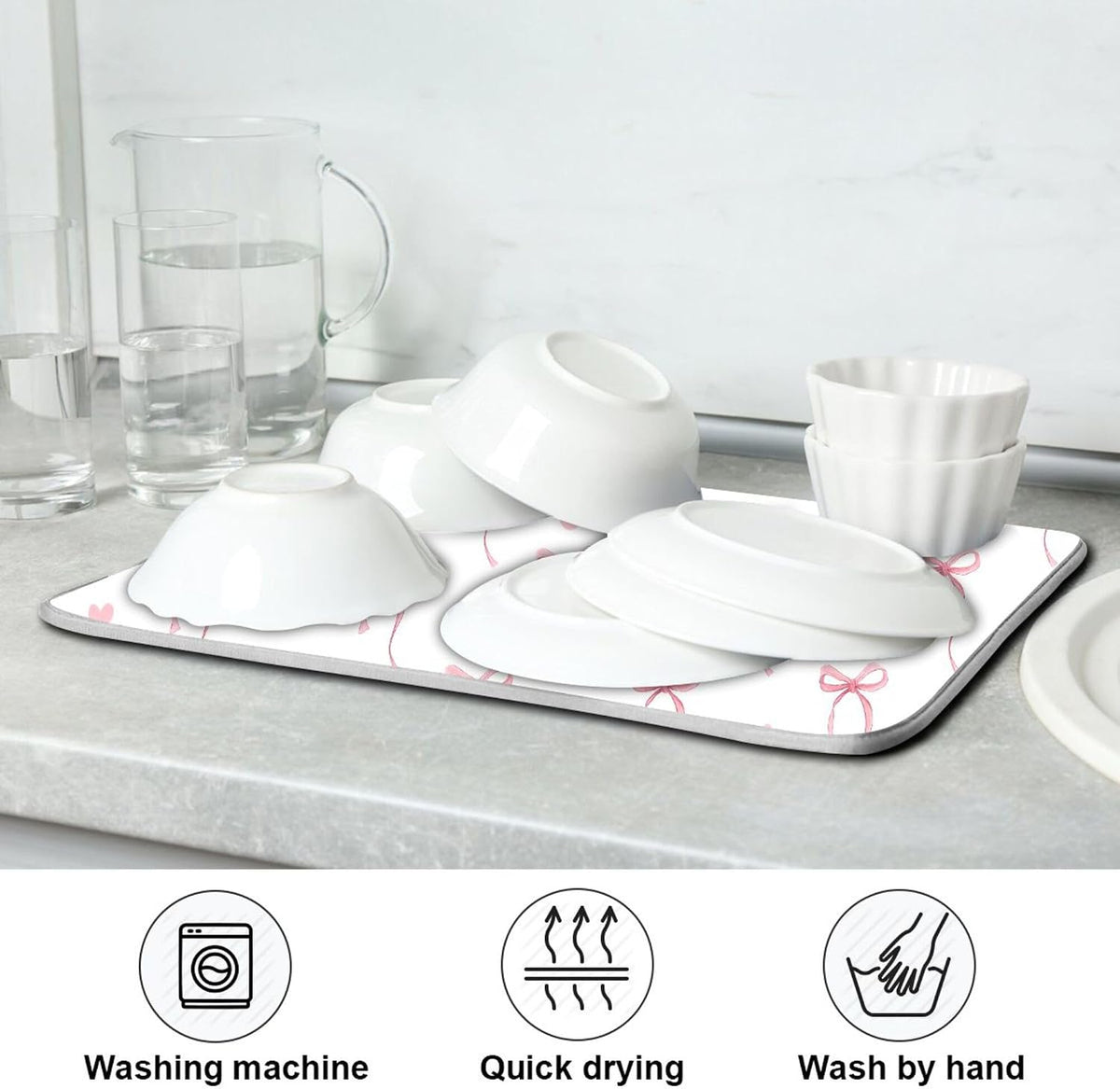 Pink Ribbon Bow Dish Drying Mat Quick Absorbent 16x18 Cute Bow Tie White Kitchen Drying Mat for Countertop Sink Reusable Dishes Mats Kitchen Essentials