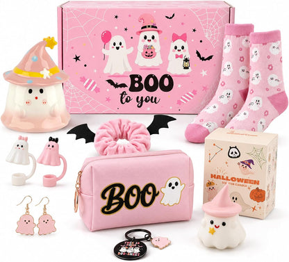 Pink Halloween Boo Basket Women Stuffers Set with 14oz Ghost Cups