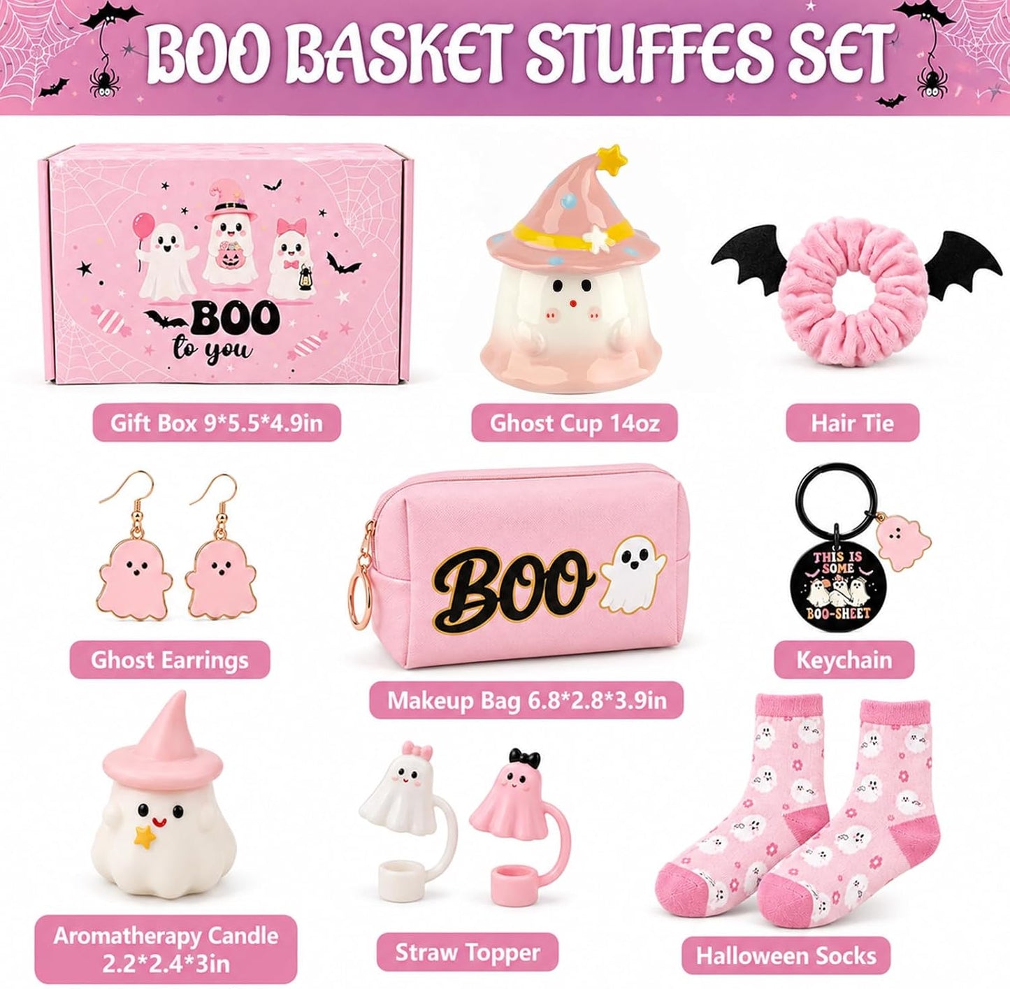 Pink Halloween Boo Basket Women Stuffers Set with 14oz Ghost Cups