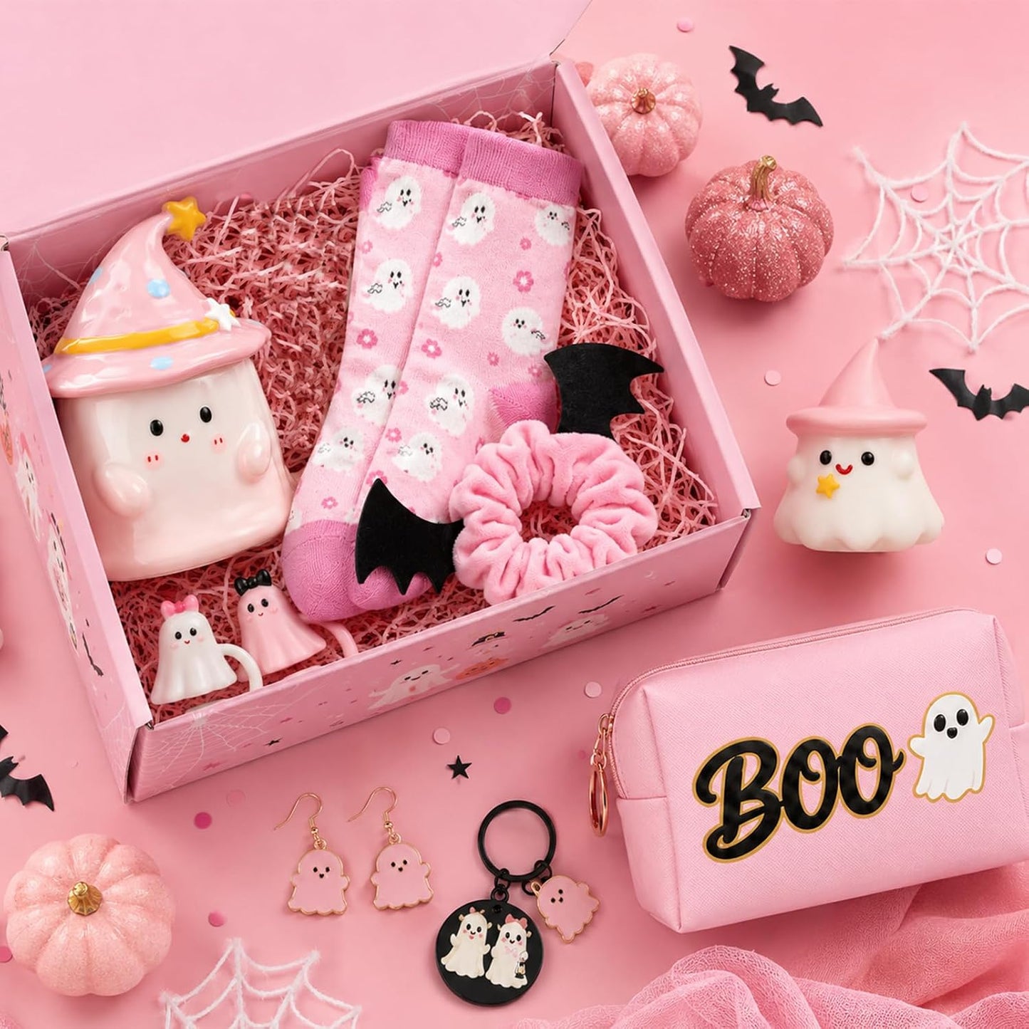 Pink Halloween Boo Basket Women Stuffers Set with 14oz Ghost Cups