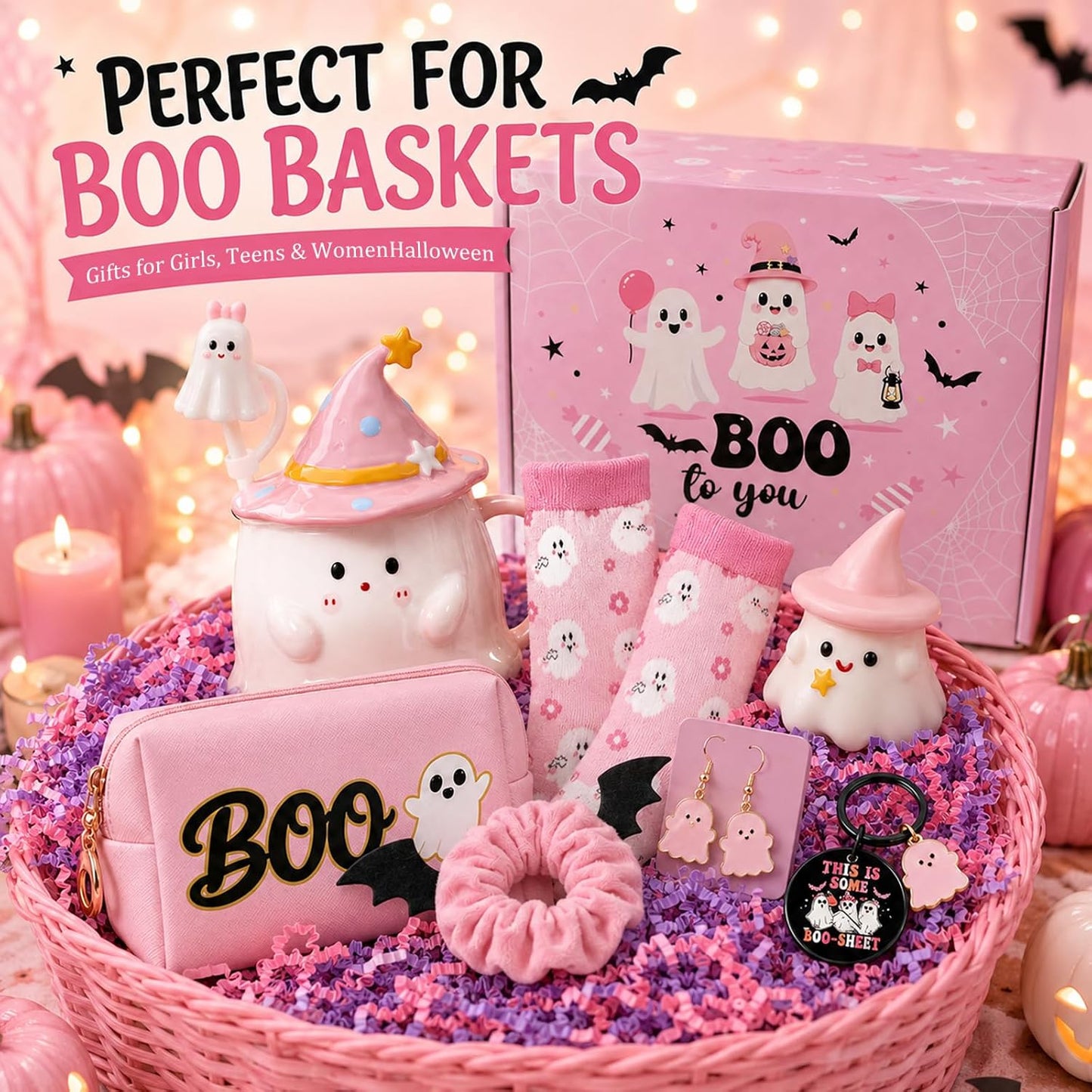 Pink Halloween Boo Basket Women Stuffers Set with 14oz Ghost Cups