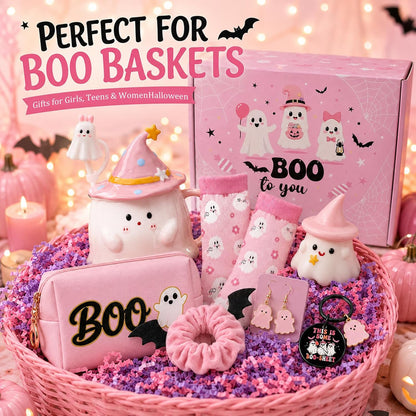Pink Halloween Boo Basket Women Stuffers Set with 14oz Ghost Cups