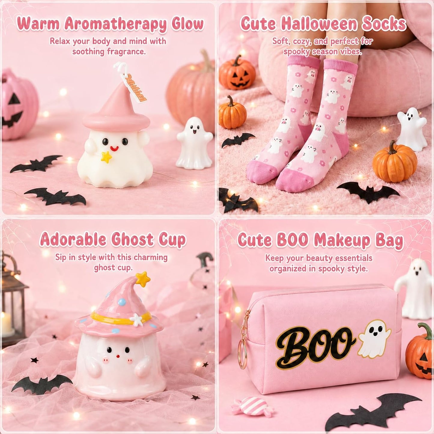 Pink Halloween Boo Basket Women Stuffers Set with 14oz Ghost Cups