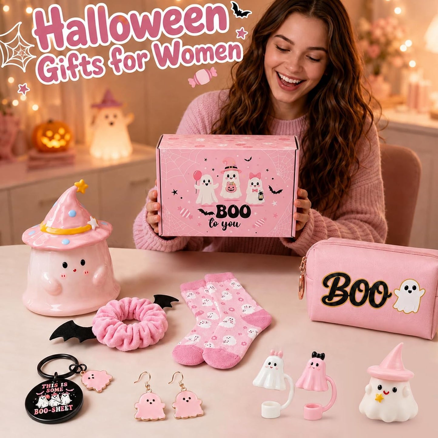 Pink Halloween Boo Basket Women Stuffers Set with 14oz Ghost Cups