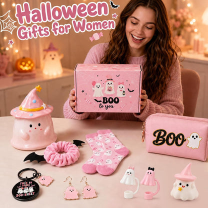 Pink Halloween Boo Basket Women Stuffers Set with 14oz Ghost Cups