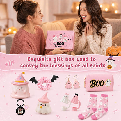Pink Halloween Boo Basket Women Stuffers Set with 14oz Ghost Cups