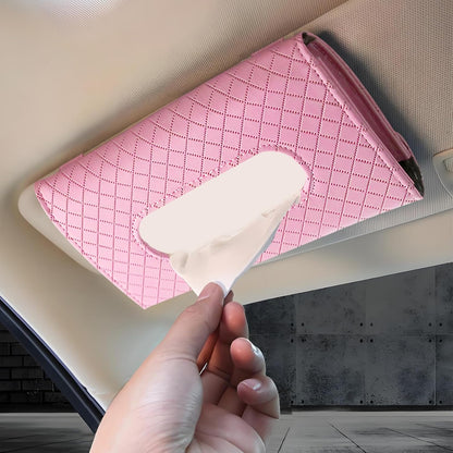Car Tissue Holder, PU Leather Sun Visor Tissue Box (Plaid-Pink)