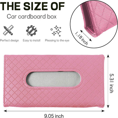 Car Tissue Holder, PU Leather Sun Visor Tissue Box (Plaid-Pink)