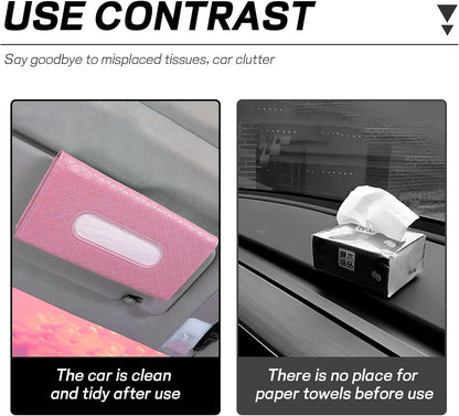Car Tissue Holder, PU Leather Sun Visor Tissue Box (Plaid-Pink)