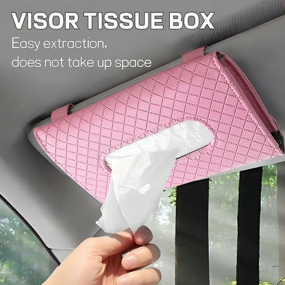 Car Tissue Holder, PU Leather Sun Visor Tissue Box (Plaid-Pink)