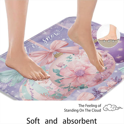 Floral Quick Dry Bath Mat, Pastel Peach Flowers Botanical Absorbent Non Slip Shower Mat, Spring Decorative Flannel Washable Bath Rugs for Bathroom Toilet Restroom 20x32 Inch