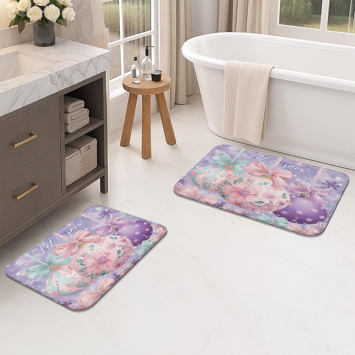 Floral Quick Dry Bath Mat, Pastel Peach Flowers Botanical Absorbent Non Slip Shower Mat, Spring Decorative Flannel Washable Bath Rugs for Bathroom Toilet Restroom 20x32 Inch