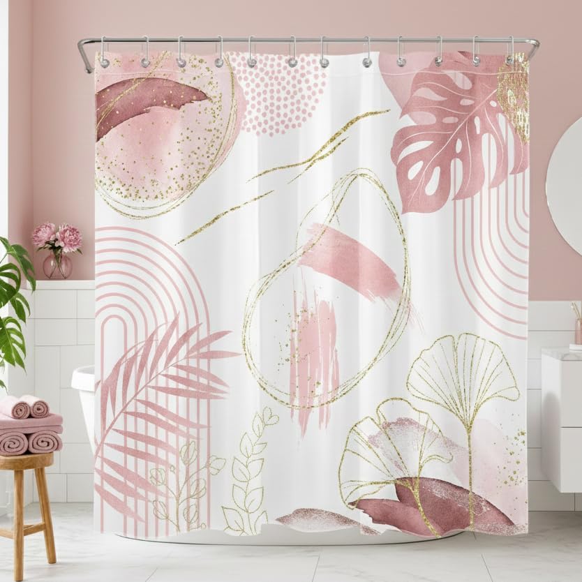 Light Pink Gold Shower Curtain, Boho Abstract Leaf, 72x72inch