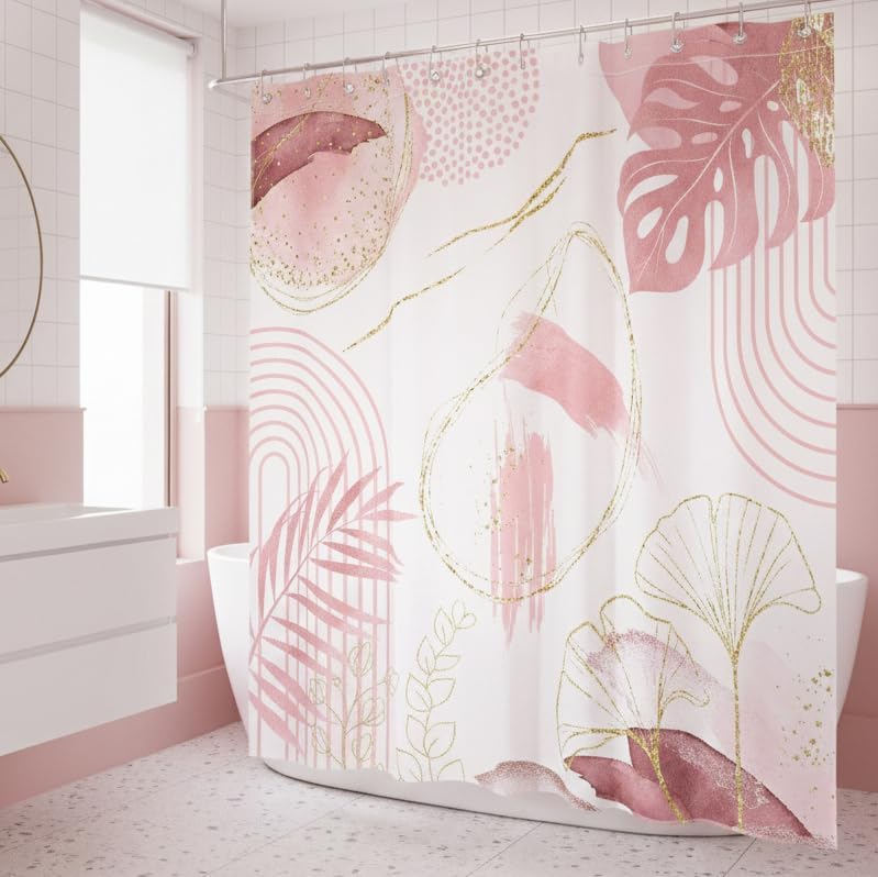 Light Pink Gold Shower Curtain, Boho Abstract Leaf, 72x72inch