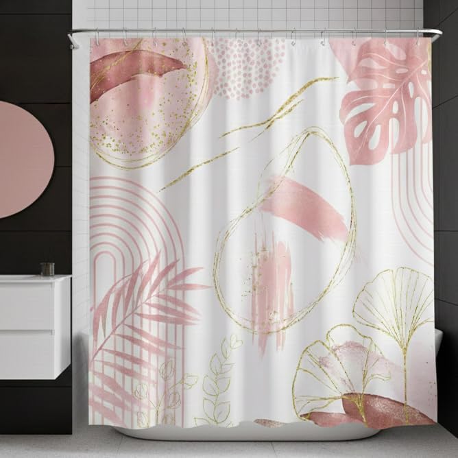 Light Pink Gold Shower Curtain, Boho Abstract Leaf, 72x72inch