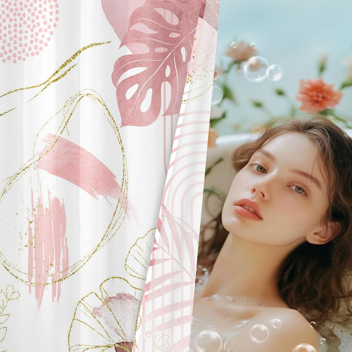 Light Pink Gold Shower Curtain, Boho Abstract Leaf, 72x72inch