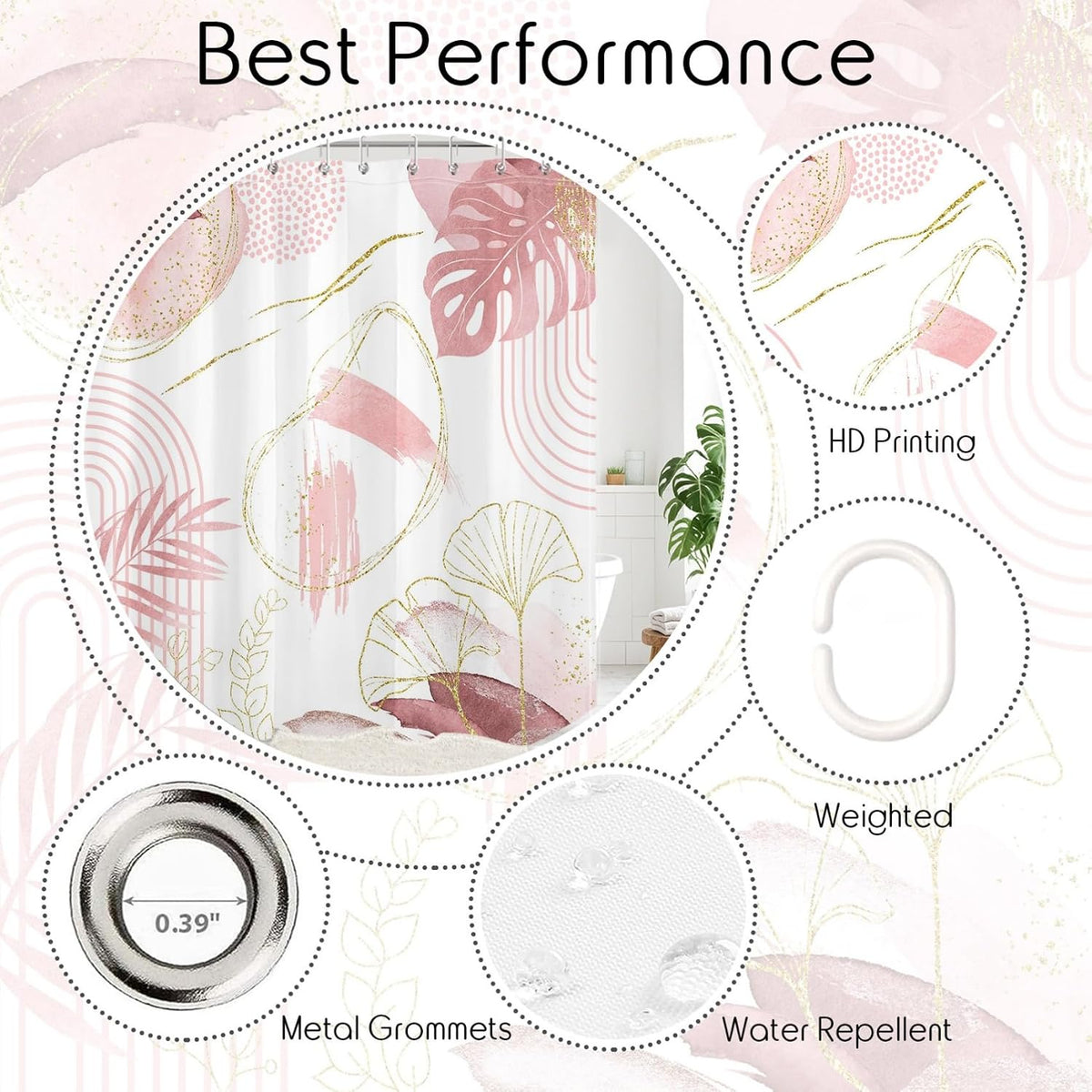Light Pink Gold Shower Curtain, Boho Abstract Leaf, 72x72inch