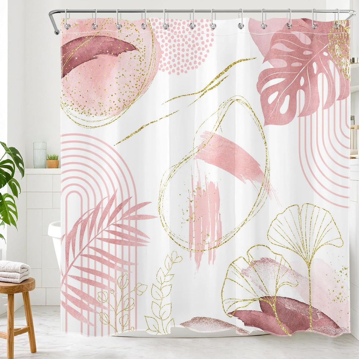 Light Pink Gold Shower Curtain, Boho Abstract Leaf, 72x72inch