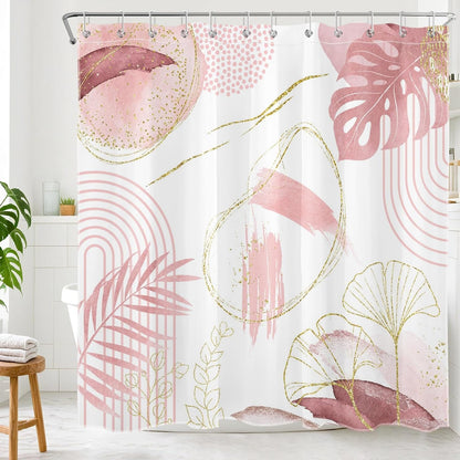 Light Pink Gold Shower Curtain, Boho Abstract Leaf, 72x72inch